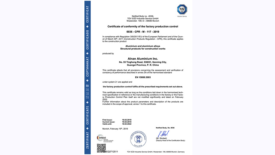 产品7-CPR-CE建筑产品认证Cert_CPR_EN15088_Alnan Aluminium Inc._2019_02